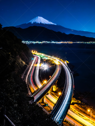 富士山,冬天,光,星系,骏河湾,前灯,暗色,尾灯,12点整,午夜