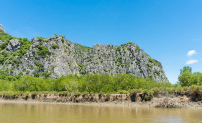 水,岩石山,云,山,石头,绿色,蓝色,天空,两只动物,树