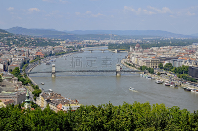 玛格丽特岛,链桥,匈牙利,布达佩斯,多瑙河谷,水平画幅,山,无人,蓝色,城市天际线