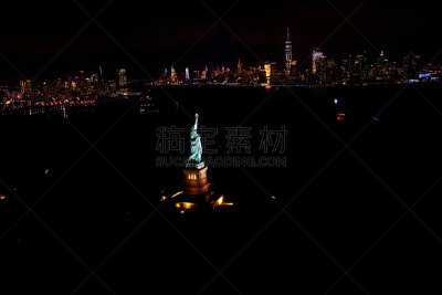 纽约,夜晚,自由女神像,海湾,明亮,顶部,暗色,现代,户外,建筑