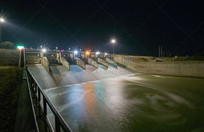 Spillway of Dam gate on night,Pa Sak Cholasit Dam