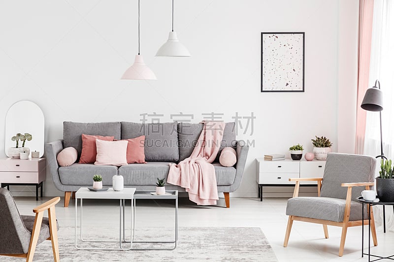 扶手椅,灰色,沙发,起居室,白色,粉色,室内,毯子,桌子