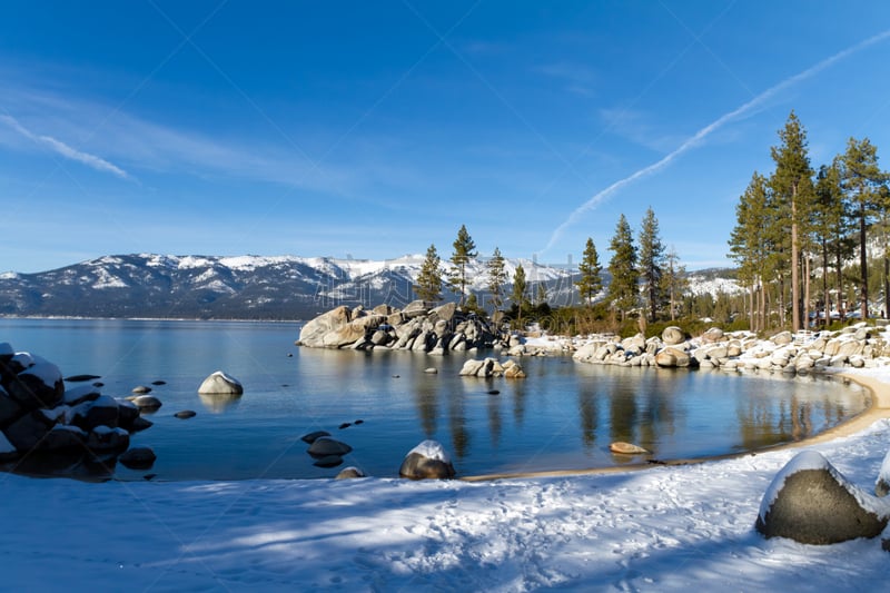 太浩湖,山德港,加利福尼亚内华达山脉,水,天空,水平画幅,雪,无人,户外,湖