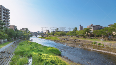 浅野河,金泽,风景,城市,东茶屋町区,打水仗游戏,石川县,拱桥,木板路,城镇景观
