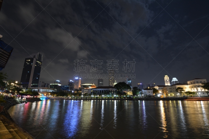 新加坡,滨水,滨海湾 ,水,水平画幅,夜晚,无人,户外,滨海艺术中心剧院,码头周围