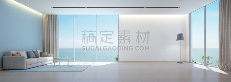 现代,白色,假日别墅,海洋,看风景,背景,空的,室内,华贵,起居室