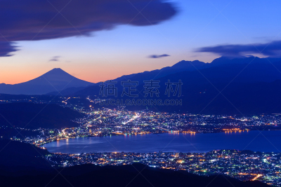 山,黎明,富士山,城市,诹访,美,里山,水平画幅,透过窗户往外看,夜晚