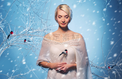 冬天,女人,森林,美,留白,彩妆,水平画幅,雪