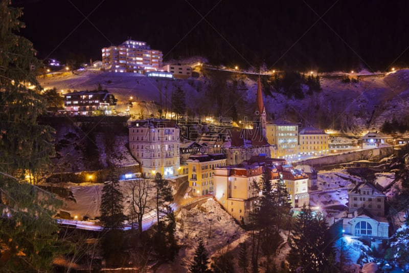 奥地利,山脉,巴德加斯坦,滑雪场,新的,夜晚,雪,现代,建筑业