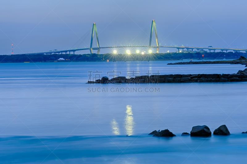 夜晚,查尔斯顿,南卡罗来那,库珀河大桥,水平画幅,建筑,无人,海港,大西洋,交通