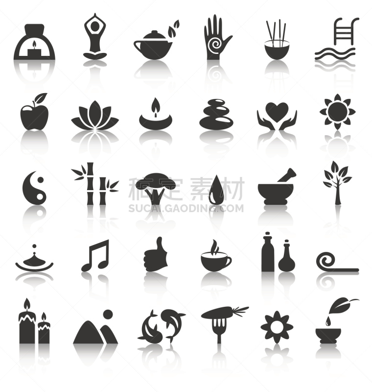 Spa yoga zen flat icons with reflection on white