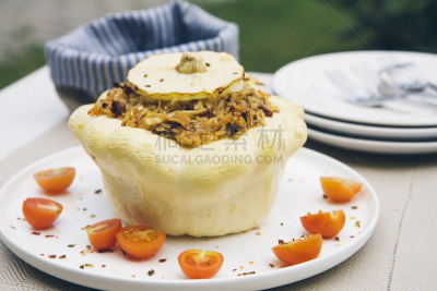 配方,塞满了的,烤炉,海伊节食法,稻,pattypan squash,餐具,留白,煮食,水平画幅
