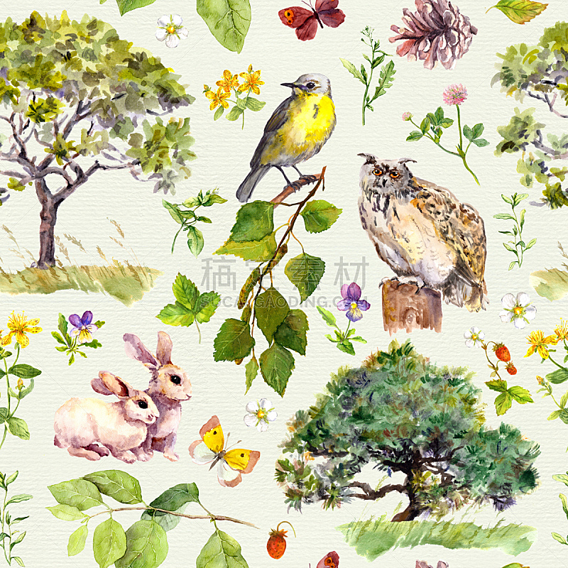 兔子,草,动物,鸟类,叶子,森林,四方连续纹样,水彩画,树,花