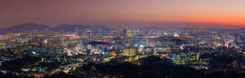 首尔,全景,城市天际线,市区,城市,韩国,水平画幅,山,夜晚,雪