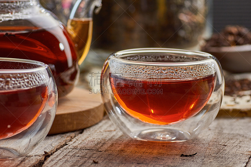 玻璃,杯,红茶,茶壶,茶树,芳香的,水平画幅,早晨,干的,饮料