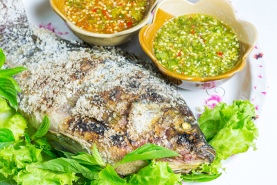 罗非鱼,丽体鱼,尼罗河,餐具,格子烤肉,水平画幅,无人,莳萝,膳食,海产