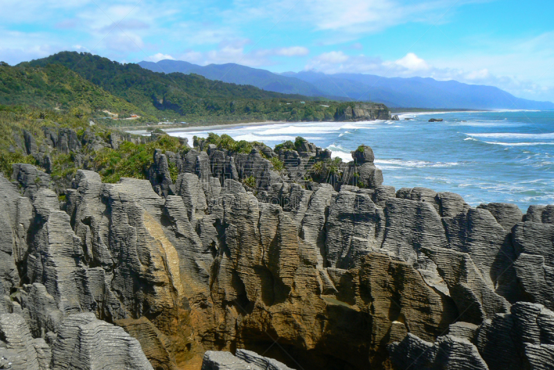 呼吸孔,帕帕罗瓦国家公园,新西兰,薄饼岩,punakaiki,著名景点,海岸线,岩石,水湾,夏天