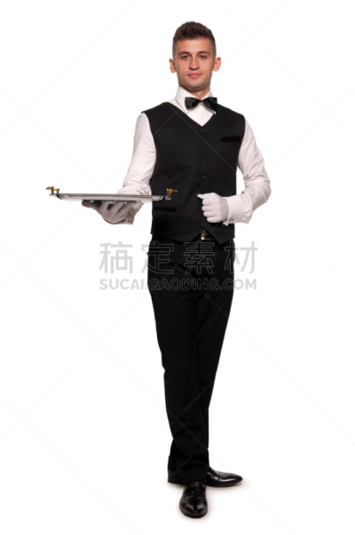男招待,男孩,餐盘,垂直画幅,衬衫,白色背景,人,套装,化妆用品,影棚拍摄