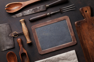 古典式,厨房器具,餐具,留白,古董,水平画幅,高视角,配方,古老的,家庭生活