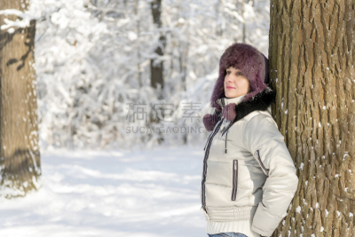 森林,女人,裘皮帽,衣服,美,水平画幅,雪,户外,白人,厚衣服