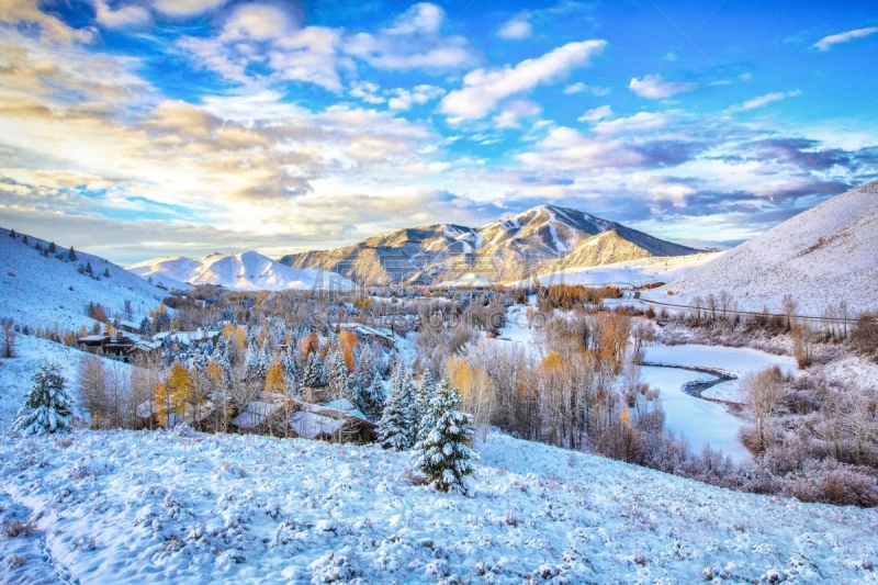 雪,森瓦利,爱达荷,美,水平画幅,无人,户外,云景,四季,山