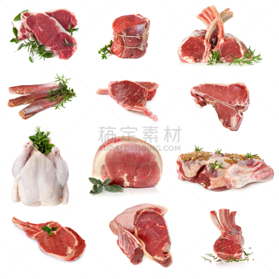 生食,切制肉,白色背景,炸肉排,法国小牛排,无人,排骨,烤鸡,肉眼牛排,羊肉
