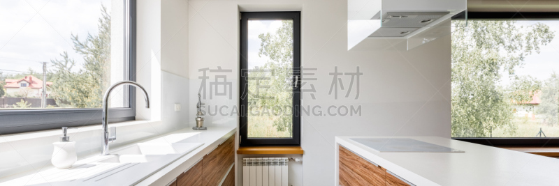 现代,白色,灶台,厨房,新的,水平画幅,别墅,无人,家具,光