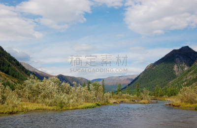 山,河流,水,天空,水平画幅,图瓦共和国,无人,夏天,户外,云景