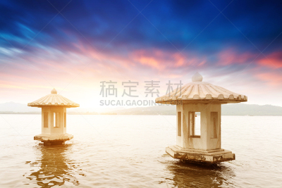 风景,地形,西湖,自然美,水平画幅,山,建筑,无人,浙江省,黄昏