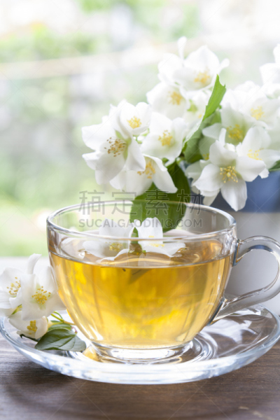 茉莉,枝,茶杯,垂直画幅,褐色,芳香的,茶碟,饮料,特写,明亮