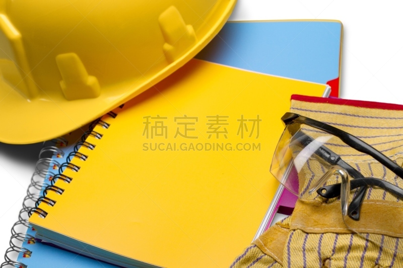 安全帽,手册,电子记事本,防护镜,水平画幅,无人,建筑设备,护手套,背景分离,安全
