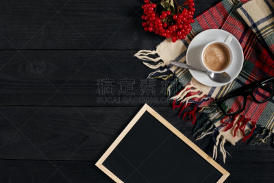 白色,杯,围巾,木制,咖啡,背景,黑色背景,留白,高视角,档案