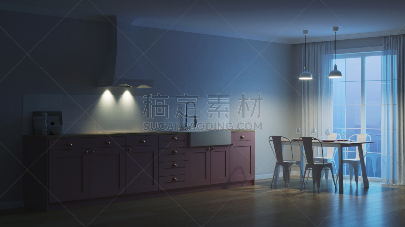 三维图形,厨房,粉色,室内,饭厅,夜晚,抽油烟机,窗帘,舒服,炊具