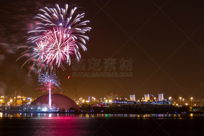 新年前夕,放焰火,玛丽皇后号,无人,玛丽王后号邮轮,长时间曝光,远洋班轮,图像,水平画幅,长滩