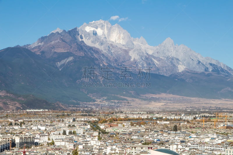 丽江,屋顶,山景城,城市,纳西族,玉器,水平画幅,山,建筑,雪