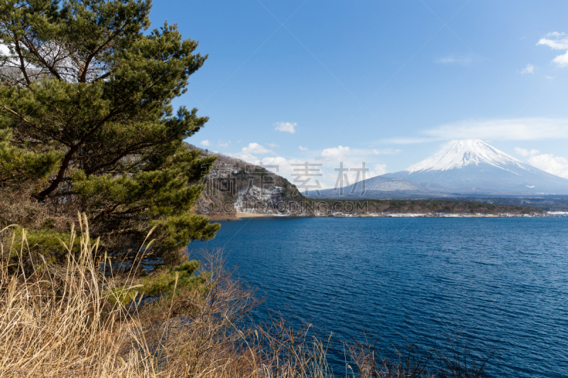 精进湖,富士山,山,天空,水平画幅,雪,无人,蓝色,日本,户外