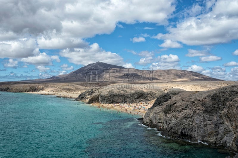 海滩,海洋,山,普拉亚布兰卡,兰萨罗特岛,海岬,秃树,褐色,水平画幅,沙子