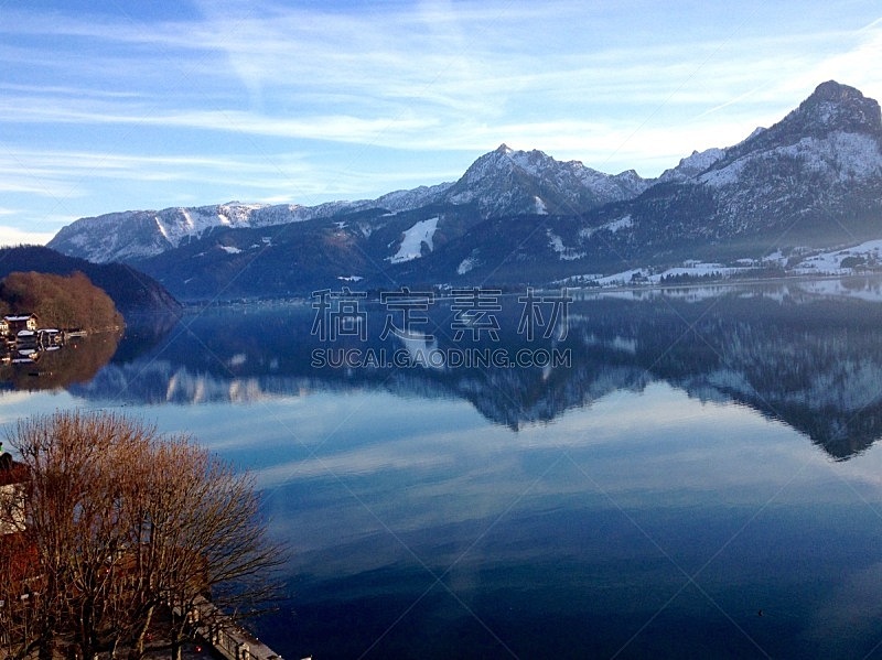 湖,甲板,沃尔夫冈湖,奥地利,水平画幅,冬天,无人,户外,摄影