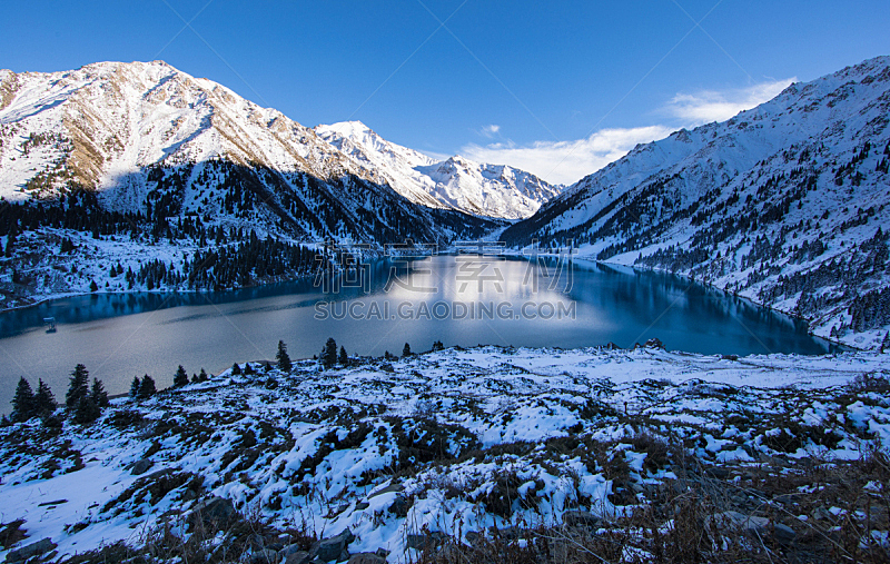 湖,哈萨克斯坦,冬天,巨大的,山,阿拉木图,环境,雪,黑桃,户外