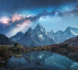 尼泊尔,雪,湖,岩石,天空,星系,夜晚,风景,喜马拉雅山脉,地形