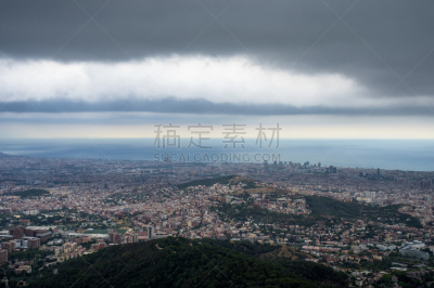 都市风景,巴塞罗那,城市,海洋,顶部,天空,公园,水平画幅,高视角,山