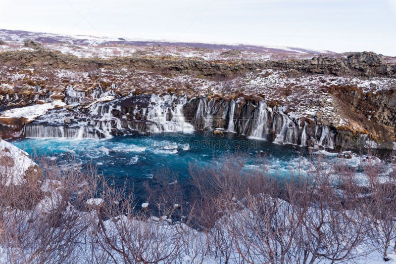 hraunfossar,瀑布,寒冷,长的,环境,雪,植物,河流,岩石,户外