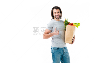 购物袋,翘起大拇指,男人,成年的,白色,分离着色,蔬菜,符号,健康食物,牛仔裤