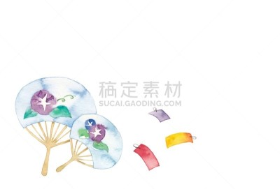 牵牛花,扇子,传统,水彩画颜料,两个物体,模拟设备,夏天,绘画插图,工艺品,纸
