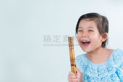 进行中,泰国,小的,可爱的,女孩,留白,shakuhachi,传统服装,口哨,风