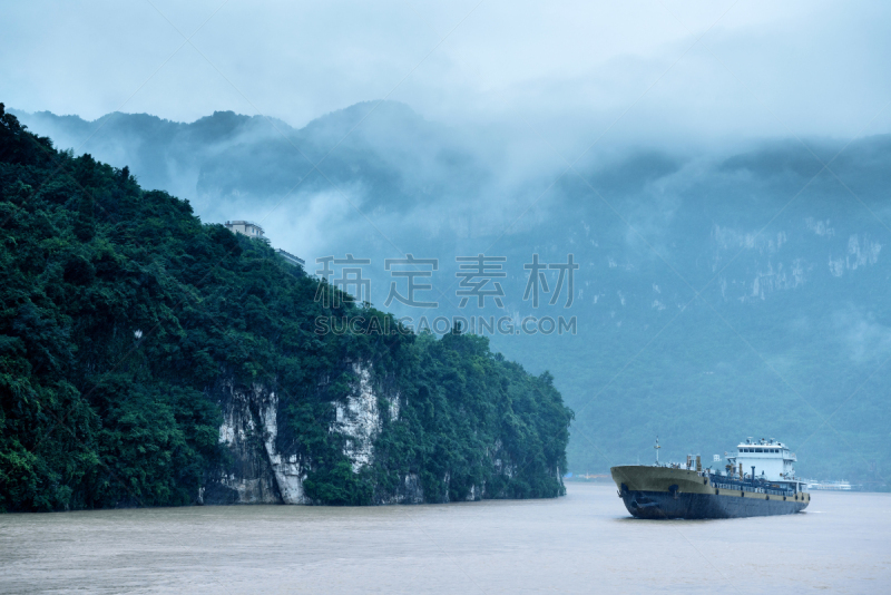 长江,中国,河流,圣伯纳犬,最大,长江三峡,驳船,自然,雨,水平画幅