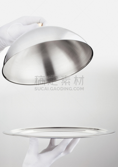 盖子,开着的,手,男招待,钟形女帽,餐盘,银,银色,手套,灰色