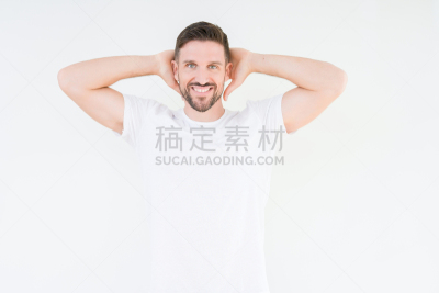 幸福,白色,t恤,男人,颈,休闲装,男性美,青年人,手臂,放松