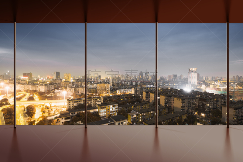 都市风景,空的,黎明,城市,现代,室内地面,办公室,水平画幅,无人,平视角