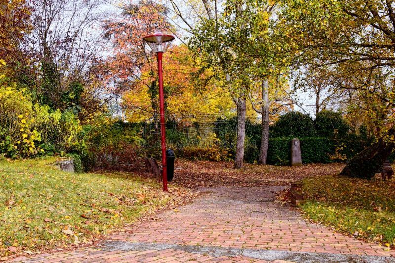 Autumn photograph of a street lamp in Châtel-Guyon public park which is a French thermal town in Auverne in France in the central massif, located in the Auvergne Volcanoes National Park.